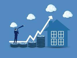 Real estate market, graph, up arrow. House model and a stack of coins. The concept of inflation, economic growth, the price of insurance services. vector illustration.