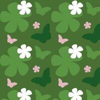 Seamless pattern of a green butterfly with a white and pink flower on green grass background, graphic design print, vector illustration