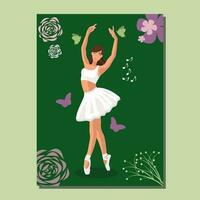 Caucasian white faceless ballerina in a white tutu and pointe shoes dancing on a green poster with flowers and butterflies. Vector illustration in flat style