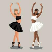 vector ilustración clásico ballet. africano americano con un caucásico blanco sin rostro bailarinas en negro y blanco tutús y pointe Zapatos bailando en púrpura antecedentes en un plano estilo