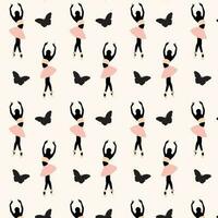 Seamless pattern of a faceless dancing ballerina silhouette with the butterfly on pink background vector