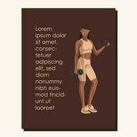 aptitud póster con un africano americano mujer en ropa de deporte en pie y haciendo un rutina de ejercicio con pesas en marrón antecedentes con Copiar espacio texto. vector ilustración