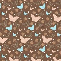 Seamless pattern of a brown and blue butterfly with a brown flower on brown background, graphic design print, vector illustration
