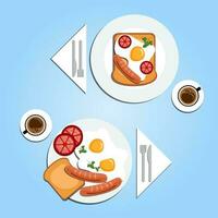 Served breakfast for two. Fried eggs with tomato, toast, sausage, and parsley on two plates with two cups of coffee isolated on a blue background. Top view paper cut out vector illustration