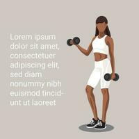 aptitud póster con un africano americano mujer en ropa de deporte en pie y haciendo un rutina de ejercicio con pesas en púrpura antecedentes con Copiar espacio texto. vector ilustración