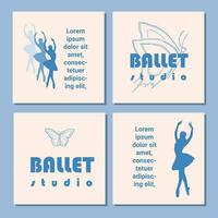 conjunto de teatro boleto diseño. ballet colegio volantes modelo. bailarina silueta en el tutu y pointe zapato con mariposa. azul tarjeta diseño con Copiar espacio texto. vector ilustración