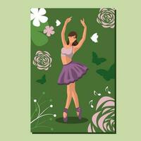 Caucasian white faceless ballet dancer in a purple tutu and pointe shoes dancing on a green poster with flowers and butterflies. Vector illustration in flat style