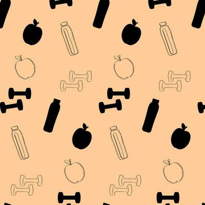 Seamless pattern with icons of gym dumbbells, bottles of water, and apples. Vector illustration
