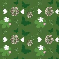 Seamless pattern of a green butterfly with a white and pink flower on green grass background, graphic design print, vector illustration