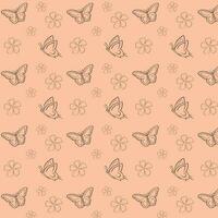 Seamless pattern silhouette of the butterfly and flower on beige background, graphic design print, vector illustration