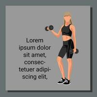 Fitness card poster with a Caucasian woman in sportswear standing and doing a workout with dumbbells on gray background with copy space text. Vector illustration