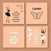 Set of theatre ticket design. Ballet flyer template. Ballerina silhouette in the tutu and pointe shoe with butterfly and flower. Brown card design with copy space text. Vector illustration