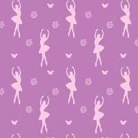 Seamless pattern of a faceless dancing ballerina silhouette with the butterfly on purple background vector