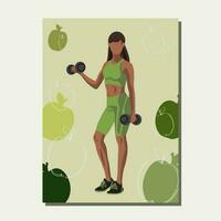 aptitud póster con un africano americano mujer en ropa de deporte en pie y haciendo un rutina de ejercicio con pesas o verde manzana antecedentes. vector ilustración
