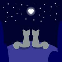 Two cats in love are sitting on a hill in the moonlight in the shape of a heart, vector illustration, romance under the moon and stars