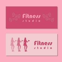 Fitness studio school flyer with silhouette of women in sportswear standing and doing a workout with dumbbells on pink background. Vector illustration