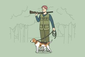 Male hunter in khaki uniform with dog on leash in forest. Man hunting with canine in wild nature. Vector illustration.