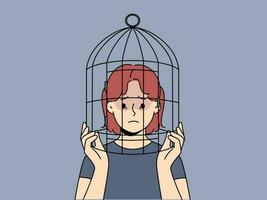 Unhappy teenager girl with head in birdcage suffer from discrimination and lack of freedom. Upset teen child locked in cage struggle with psychological problems. Vector illustration.