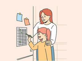 Smiling mother and daughter put marks on to do list on fridge. Happy mom and child check finished daily tasks. Planning and time management. Vector illustration.