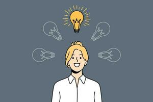 Smiling businesswoman with illuminated lightbulb above head excited with creative business idea. Happy female employee look at light bulb generate thought. Vector illustration.
