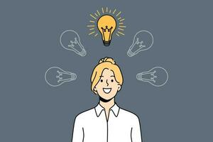 Smiling businesswoman with illuminated lightbulb above head excited with creative business idea. Happy female employee look at light bulb generate thought. Vector illustration.