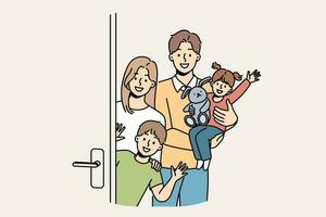 Family with children stands near door, inviting guests to banquet and waving hands in greeting. Young family with kids looks at screen in friendly way, posing on threshold of new apartment. vector