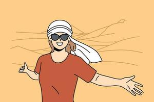 lleno de alegría mujer en sombreros posando en desierto. sonriente hembra en tradicional blanco Pañuelo disfrutar de viaje en dunas. vector ilustración.