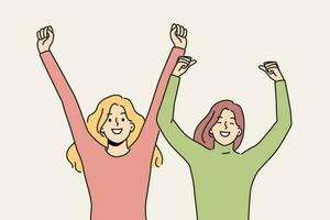 Overjoyed women have fun raising hands up in air. Smiling girlfriends feeling triumphant and euphoric cheering or encouraging. Vector illustration.