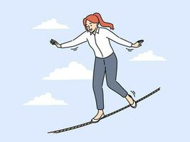 sonriente mujer de negocios caminando en Delgado cuerda en aire. hembra empleado equilibrar en línea involucrado en arriesgado y peligroso negocio. vector ilustración.