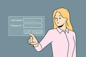 Businesswoman type username and password log in on personal account on computer. Female employee provide login data on digital security system. Vector illustration.