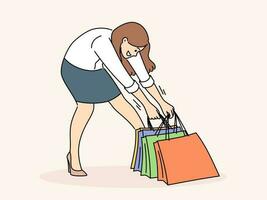 Smiling woman carrying heavy shopping bags. Happy female shopaholic with packages after buying on sales or discounts. Consumerism. Vector illustration.