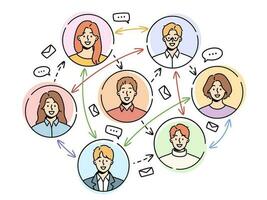 Smiling men and women communicate chat on social network. Various people communication on internet. Messaging and texting online on web. Vector illustration.