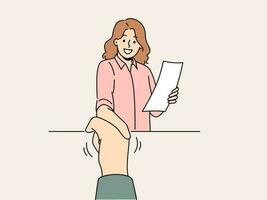 Smiling woman with resume shaking hand with job candidate after interview in office. Happy female with CV handshake applicant at workplace. Employment. Vector illustration.