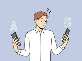 Confused man choose between different cellphones models. Frustrated male compare smartphone a and b. Technology and device comparison. Vector illustration.