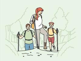 Smiling people with walking canes hiking in mountains in summer. Happy hikers climbing on hills enjoy active recreation in forest. Vector illustration.