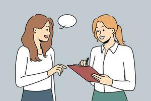 Smiling female interview with folder talk with passerby on road. Happy woman conduct survey on street. Poll and questionnaire. Vector illustration.