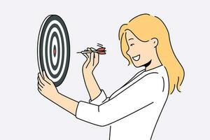 Determined woman throws darts at target for concept of business success and achieving set goals. Goal oriented businesswoman with darts board smiling setting and achieving ambitious goals vector