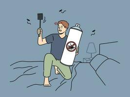 Angry man sit on bed at home with fly swatter and aerosol suffer from mosquitos at night. Mad male renter with spray and flyswatter killing insects. Vector illustration.