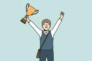 Schoolboy with golden cup rejoices at award received for winning school mathematics olympiad. Schoolboy with trophy makes winning gesture demonstrating leadership qualities while receiving education vector