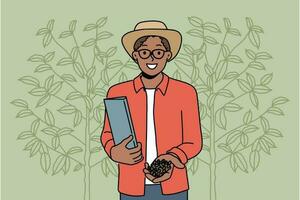 Smiling African American man gathering cocoa beans in garden. Happy black male with coffee beans on plantation. Agriculture and harvest. Vector illustration.