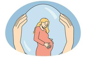 Hand holding pregnant woman in safety bubble vector