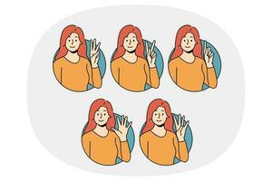 Smiling woman show numbers with hand gesture vector