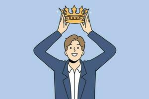 Smiling businesswoman put golden crown on head. Happy male employee coronated. Royalty and leadership. Vector illustration.