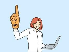 Woman leader with laptop and giant champion hand symbolizing success in internet career. Ambitious girl wants to become leader by working as freelancer through computer or creating online startup. vector