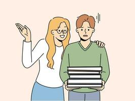 Smiling woman near unhappy stressed man with pile of books tired of studying. Exhausted male with textbook stack for learning near excited friend. Vector illustration.