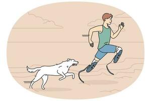 Athlete with prosthetic legs running with dog vector