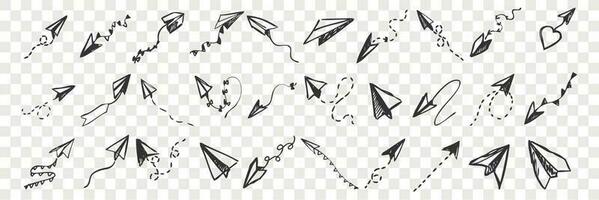 Hand drawn paper planes doodle set. Collection of pen ink pencil drawing sketches of handmade airplanes isolated on transparent background. Illustration of flight symbol. vector