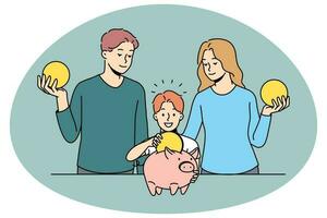 Happy parents and child saving money in piggybank vector