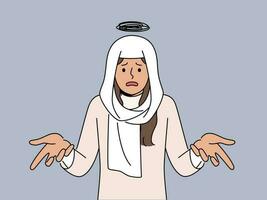 retrato de confuso musulmán mujer en hijab sensación emocional y frustrado con problema. infeliz Arábica hembra en tradicional Pañuelo sensación preocupado. vector ilustración.