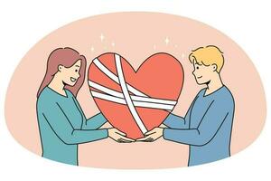 Happy man and woman hold in hands fixed broken heart vector